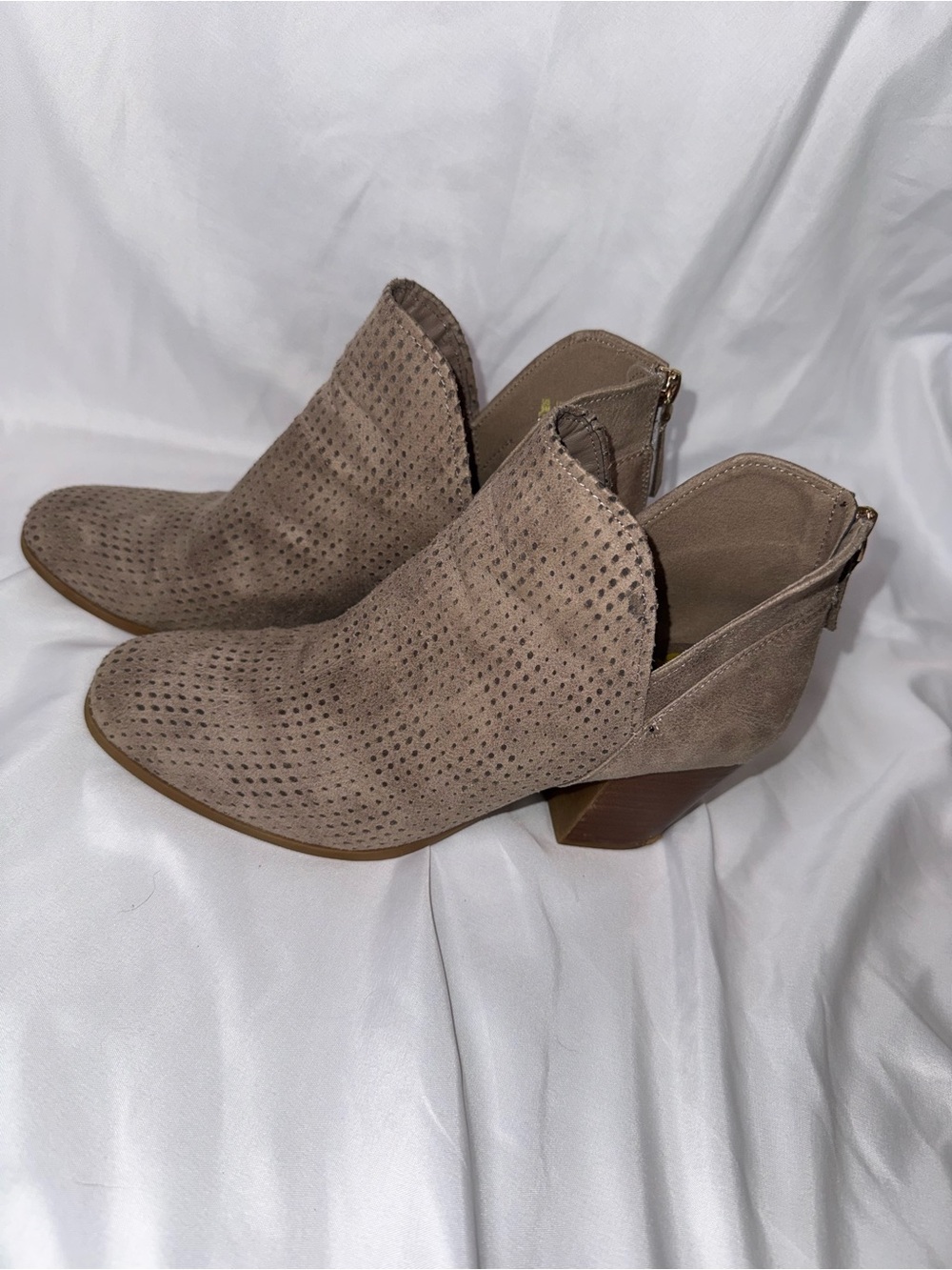 Fergalicious Taupe Perforated Suede Ankle Booties